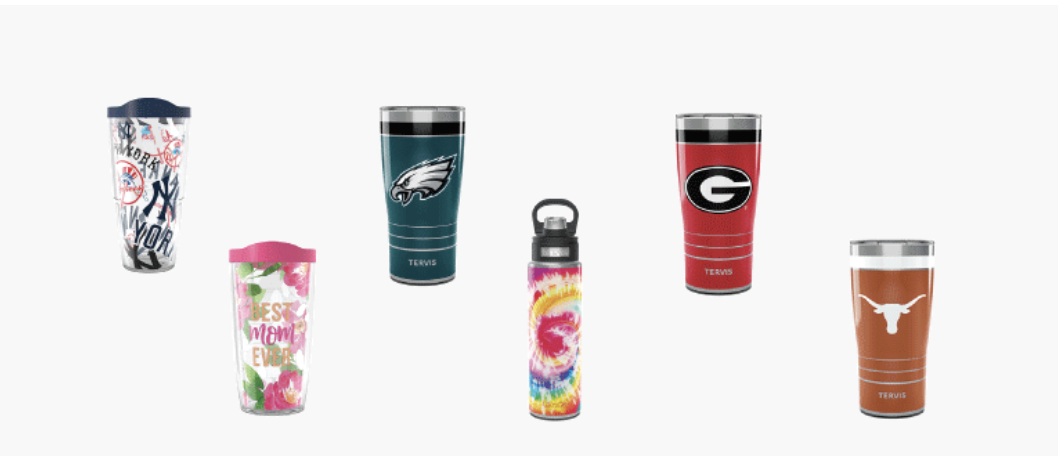 Image of various styles of Tervis travel cups and tumblers