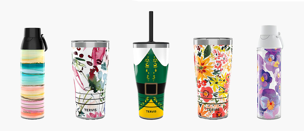 Image of various styles of Tervis travel cups and tumblers